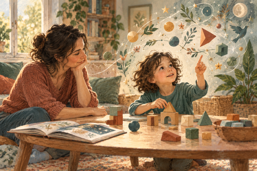 Un genitore ascolta un bambino che gioca con costruzioni, circondato da stelle e forme che evocano curiosità e connessioni di pensiero.